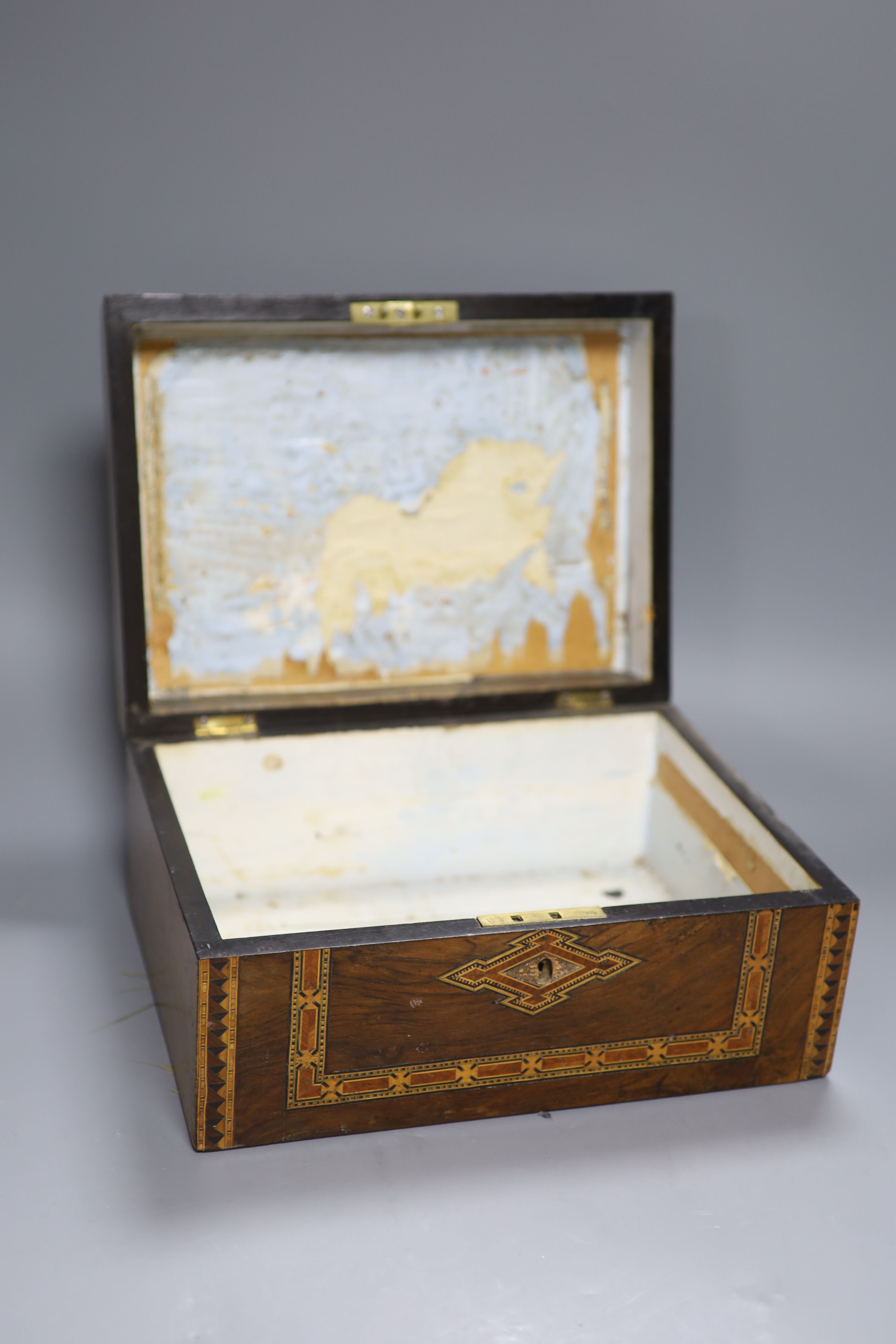 A Victorian walnut and German bandwork box, 29.5cm (interior fittings deficient)